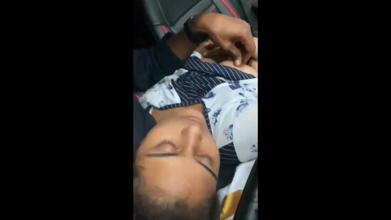 GF boob press and nipple roll in car by boyfriend